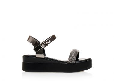 Flatforms μαύρα δερματίνη με στρας και λουστρίνι λουράκι ΜΑΥΡΟ - Tsoukalas - 