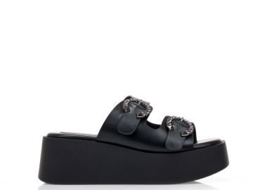 Flatforms μαύρα δερματίνη με στρας ΜΑΥΡΟ - Tsoukalas - 