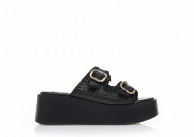 Flatforms μαύρα ψάθινα με διπλή ρυθμιζόμενη φάσα ΜΑΥΡΟ - Tsoukalas - 