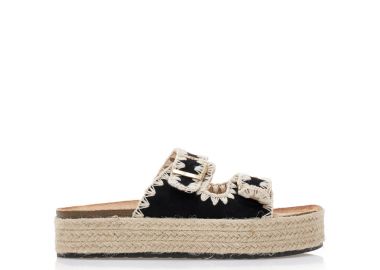 Flatforms μαύρα σουέτ και ψάθινα με ρυθμιζόμενη φάσα ΜΑΥΡΟ - Tsoukalas - 