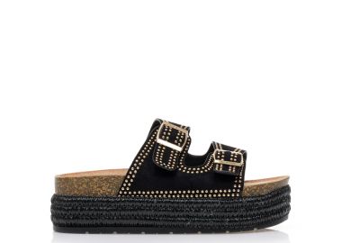 Flatforms μαύρα σουέτ με χρυσά τρουκς ΜΑΥΡΟ - Tsoukalas - 