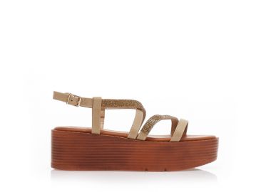 Flatforms μπεζ δερματίνη με λουράκια από στρας ΜΠΕΖ - Tsoukalas - 