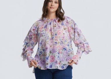 Φλοράλ μπλούζα με βολάν μανίκια και δέσιμο πίσω - MAT FASHION - 