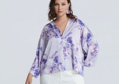 Φλοράλ σατέν μπλούζα με γιακά - MAT FASHION - 