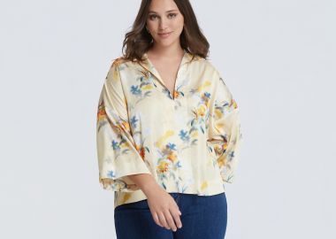 Φλοράλ σατέν μπλούζα με γιακά - MAT FASHION - 