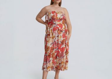 Φλοράλ strapless φόρεμα με ζώνη - MAT FASHION - 