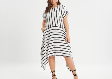 Φόρεμα βισκόζη ριγέ με ασυμμετρία - MAT FASHION - 