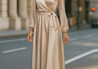 φόρεμα maxi Satin Wrap champagne - PerfectDress.gr - 