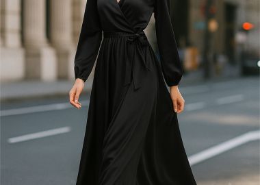 φόρεμα maxi Satin Wrap μαύρο - PerfectDress.gr - 