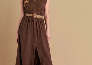 Φόρεμα με κέντημα και ζώνη - 5206634929587 -  - 