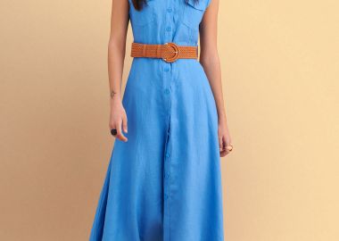 Φόρεμα μίντι λινό με ζώνη - 5206179077705 -  - 