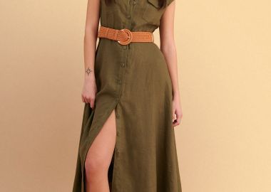 Φόρεμα μίντι λινό με ζώνη - 5206179077767 -  - 