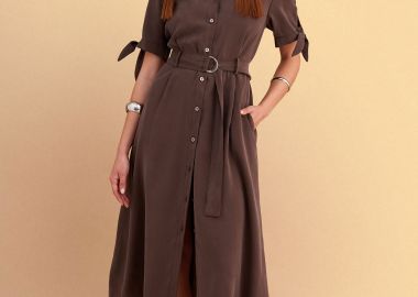 Φόρεμα μίντι με ζώνη και δέσιμο στα μανίκια - 5206179132138 -  - 