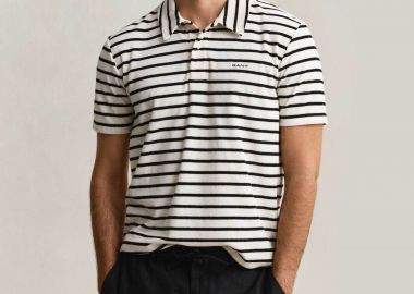 Gant ανδρική μπλούζα πόλο terry cloth με ριγέ σχέδιο και κεντημένο λογότυπο Regular Fit - 2014115 Εκρού - GANT - 