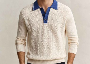 Gant ανδρική πλεκτή μπλούζα πόλο με cable knit pattern και μετάξι Regular Fit - 8050300 Εκρού - GANT - 