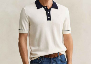 Gant ανδρική πλεκτή μπλούζα πόλο με λογότυπο Regular Fit - 8030287 Κρέμ - GANT - 