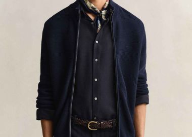 Gant ανδρική πλεκτή ζακέτα textured με λογότυπο Regular Fit - 8030278 Μπλε Σκούρο - GANT - 