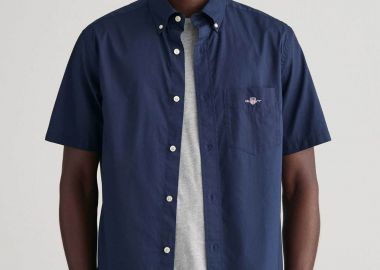 Gant ανδρικό κοντομάνικο πουκάμισο button down με τσέπη και λογότυπο Regular Fit - 3000101 Μπλε Σκούρο - GANT - 