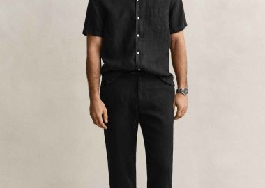 Gant ανδρικό λινό παντελόνι με ελαστική μέση Regular Fit - 1504040 Μαύρο - GANT - 