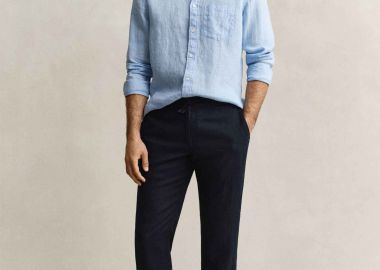Gant ανδρικό λινό παντελόνι με ελαστική μέση Regular Fit - 1504040 Μπλε Σκούρο - GANT - 