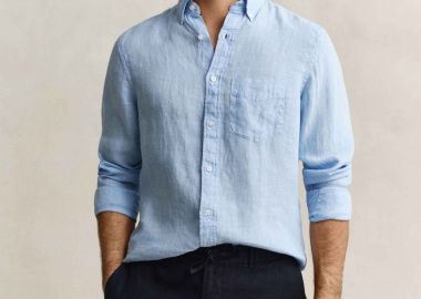 Gant ανδρικό λινό πουκάμισο button down με τσέπη και κεντημένο λογότυπο Regular Fit - 3240120 Γαλάζιο - GANT - 