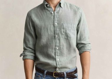 Gant ανδρικό λινό πουκάμισο button down με τσέπη και κεντημένο λογότυπο Regular Fit - 3240120 Γκρι Γαλάζιο - GANT - 
