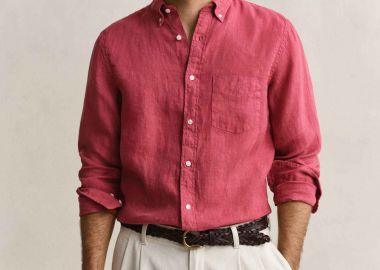 Gant ανδρικό λινό πουκάμισο button down με τσέπη και κεντημένο λογότυπο Regular Fit - 3240120 Κόκκινο Scarlet - GANT - 