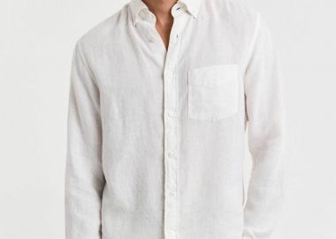 Gant ανδρικό λινό πουκάμισο button down με τσέπη και κεντημένο λογότυπο Regular Fit - 3240120 Λευκό - GANT - 