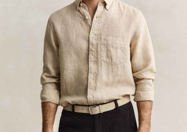 Gant ανδρικό λινό πουκάμισο button down με τσέπη και κεντημένο λογότυπο Regular Fit - 3240120 Μπεζ - GANT - 