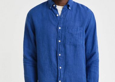 Gant ανδρικό λινό πουκάμισο button down με τσέπη και κεντημένο λογότυπο Regular Fit - 3240120 Μπλε - GANT - 