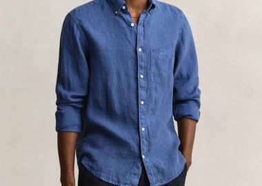 Gant ανδρικό λινό πουκάμισο button down με τσέπη και κεντημένο λογότυπο Regular Fit - 3240120 Μπλε Mirage - GANT - 