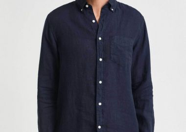 Gant ανδρικό λινό πουκάμισο button down με τσέπη και κεντημένο λογότυπο Regular Fit - 3240120 Μπλε Σκούρο - GANT - 