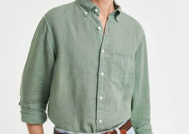 Gant ανδρικό λινό πουκάμισο button down με τσέπη και κεντημένο λογότυπο Regular Fit - 3240120 Πράσινο Ανοιχτό - GANT - 