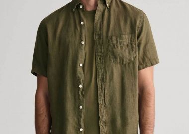 Gant ανδρικό λινό πουκάμισο button down με τσέπη και λογότυπο Regular Fit - 3240121 Χακί - GANT - 