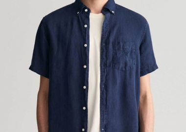 Gant ανδρικό λινό πουκάμισο button down με τσέπη και λογότυπο Regular Fit - 3240121 Μπλε Σκούρο - GANT - 