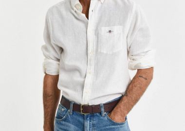Gant ανδρικό πουκάμισο button down από λινάρι και βαμβάκι με τσέπη και λογότυπο Regular Fit - 3250082 Λευκό - GANT - 