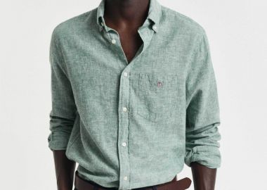 Gant ανδρικό πουκάμισο button down από λινάρι και βαμβάκι με τσέπη και λογότυπο Regular Fit - 3250082 Πράσινο Ανοιχτό - GANT - 