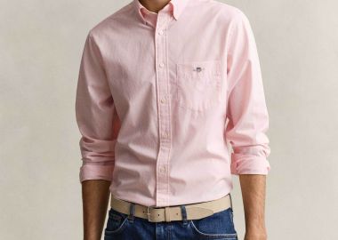 Gant ανδρικό πουκάμισο button down με ψιλό ριγέ σχέδιο και τσέπη με κεντημένο λογότυπο Regular Fit - 3000140 Ροζ - GANT - 