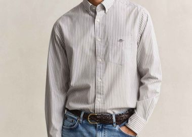 Gant ανδρικό πουκάμισο button down με ριγέ σχέδιο και τσέπη με κεντημένο λογότυπο Regular Fit - 3000130 Γκρι - GANT - 