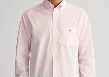 Gant ανδρικό πουκάμισο button down με ριγέ σχέδιο και τσέπη με κεντημένο λογότυπο Regular Fit - 3000130 Ροζ Ανοιχτό - GANT - 