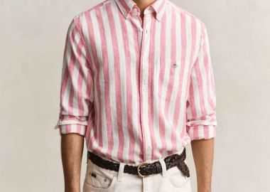 Gant ανδρικό πουκάμισο button down με ριγέ σχέδιο και τσέπη με λογότυπο Regular Fit - 3260019 Ροζ - GANT - 