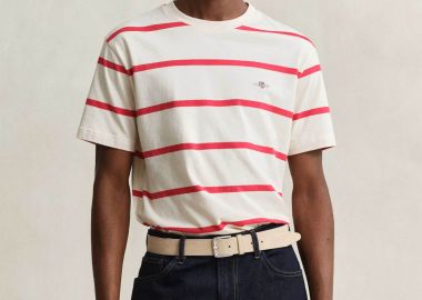 Gant ανδρικό T-shirt με ριγέ σχέδιο και κεντημένο λογότυπο Regular Fit - 2003398 Εκρού - GANT - 
