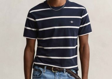 Gant ανδρικό T-shirt με ριγέ σχέδιο και κεντημένο λογότυπο Regular Fit - 2003398 Μπλε Σκούρο - GANT - 