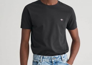 Gant ανδρικό T-shirt πικέ με κεντημένο λογότυπο Slim Fit - 2013033 Μαύρο - GANT - 