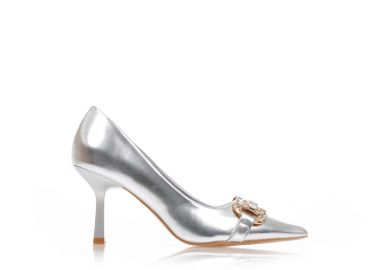 Γόβες ασημί δερματίνη με αγκράφα από στρας ΑΣΗΜΙ - Tsoukalas - 