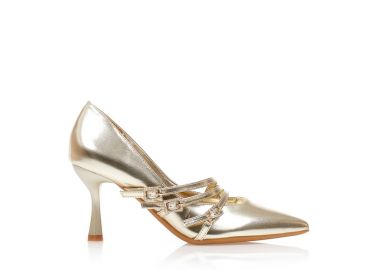 Γόβες χρυσές δερματίνη με λουράκια και στρας ΧΡΥΣΟ - Tsoukalas - 