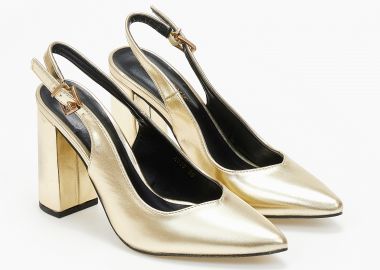 Γόβες εξώφτερνες με V κόψιμο και χοντρό τακούνι - Χρυσό - Issue - 