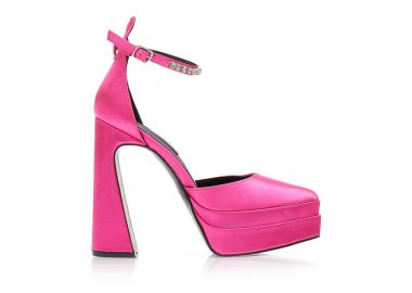 Γόβες φούξια σατέν δίπατες με λουράκι από στρας στον αστράγαλο μυτερές ΦΟΥΞΙΑ - Tsoukalas - 