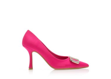 Γόβες φούξια σατέν με διακοσμητική αγκράφα από στρας μυτερές ΦΟΥΞΙΑ - Tsoukalas - 