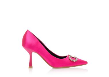 Γόβες φούξια σατέν με διακοσμητική αγκράφα από στρας μυτερές ΦΟΥΞΙΑ - Tsoukalas - 